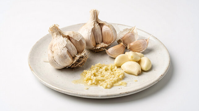 Fresh garlic bulbs and minced cloves on a ceramic plate