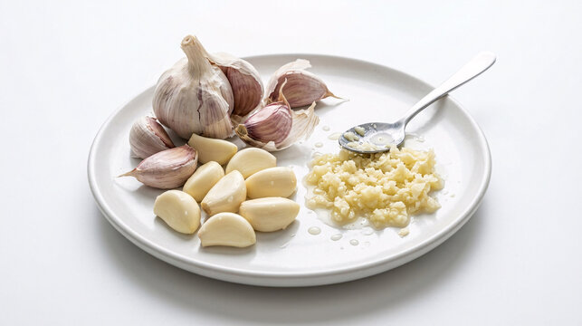 Fresh garlic cloves and minced garlic on a white plate with a spoon
