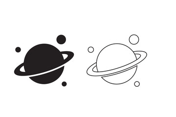 Saturn planet icons with rings and moons, minimalist black and white vector symbol set for space science © MdSaimon