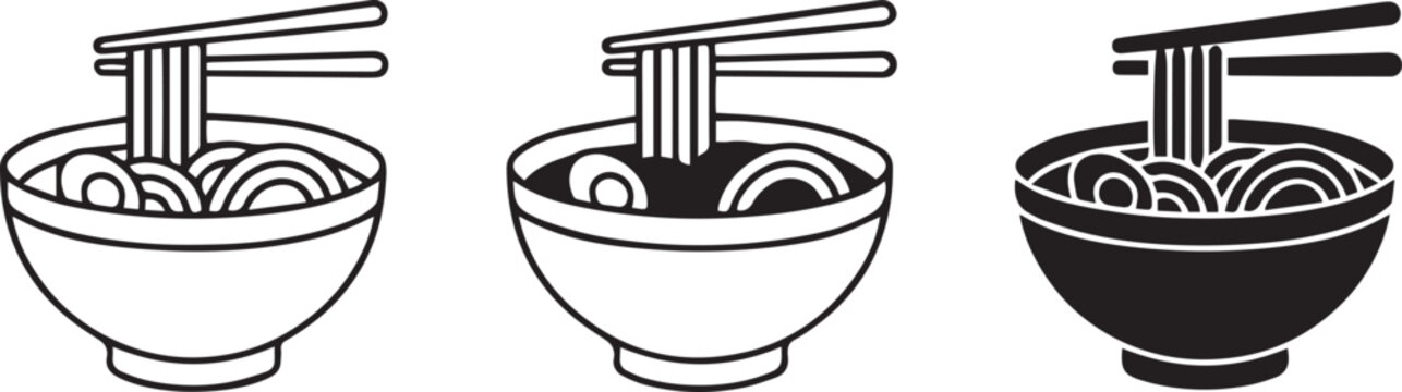 3 Asian noodle bowl icons with chopsticks, ramen pho soup, outline and solid styles, restaurant menu UI and web design