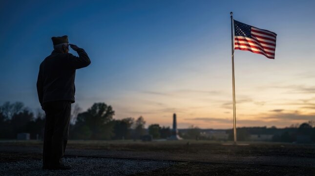 Solitary veteran saluting american flag at sunset in peaceful cemetery field during remembrance service for fallen heroes.