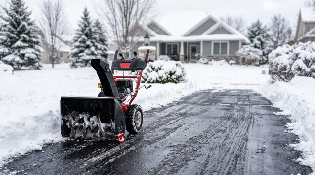 Red snow blower on clear driveway with snow piles, suburban house in background on winter day.