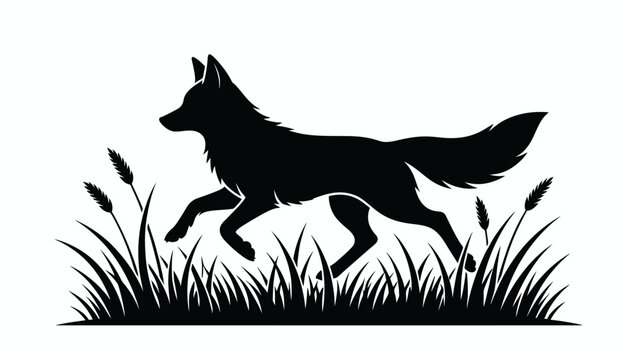 Running fox silhouette vector illustration, wild animal running through grass and cattails graphic icon, black fox predator logo design