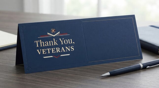 Thank you veterans folded card on dark wooden desk with blue leather notebook and pen for military appreciation gift message.