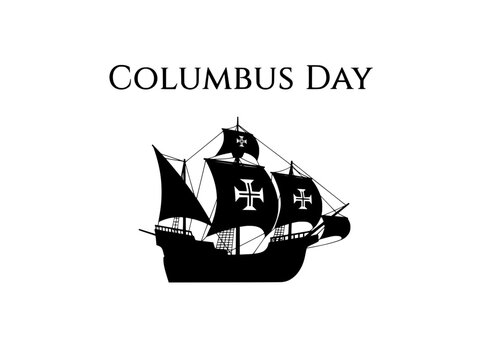 Columbus Day greeting with black ship silhouette, vintage sailing ship vector for historical exploration, minimalist caravel icon for holiday design