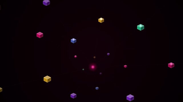 An abstract motion graphics video featuring a vibrant, brightly colored 3D isometric cube floating in space, accompanied by smooth lines and a flash of magenta light in the center.
