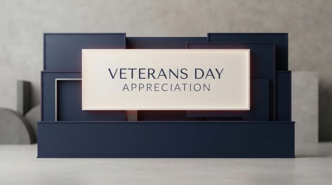 Modern navy geometric architectural blocks framing veterans day appreciation text display for seasonal corporate event.