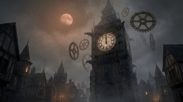 Steampunk clock tower with floating gears against a dark moonlit sky steampunk mechanisms