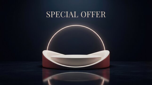 Elegant circular neon ring behind double layered modern podium with special offer promotion text on dark blue background.