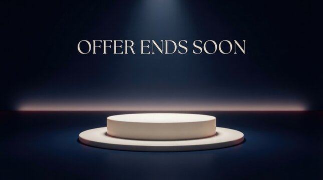 Elegant double tier white podium in spotlight with golden text offer ends soon on deep blue minimal studio background.