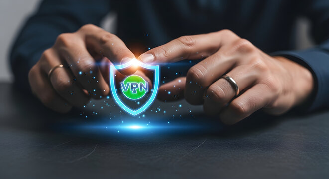 Vpn protection shield glowing blue with green logo for cyber security digital safety task.