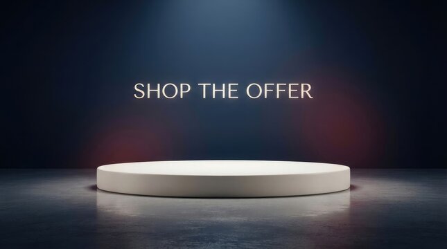 Shop the offer text spotlighted above wide smooth white platform in dark moody studio for ecommerce sales event setup.