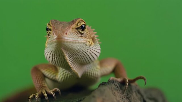 Close-up portrait of a reptile with a green background, showcasing its scaly skin and alert eyes