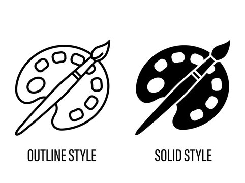 Art palette and paintbrush icons in outline and solid styles vector illustration   