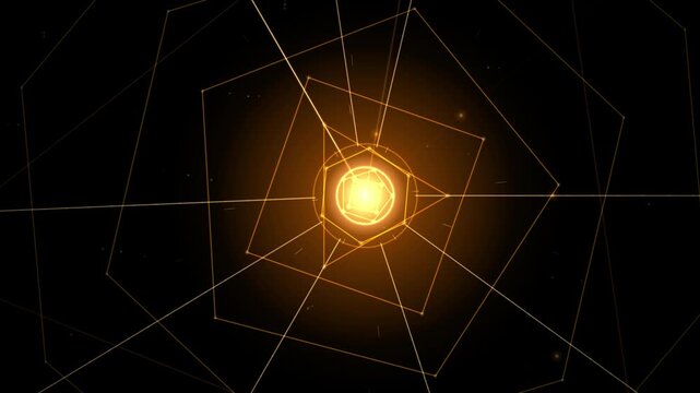 Bright golden light glows at the center of layered geometric line structures against a dark starry background
