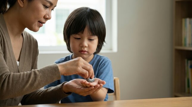 School counselor teaching child to hold a smooth stone for calming technique