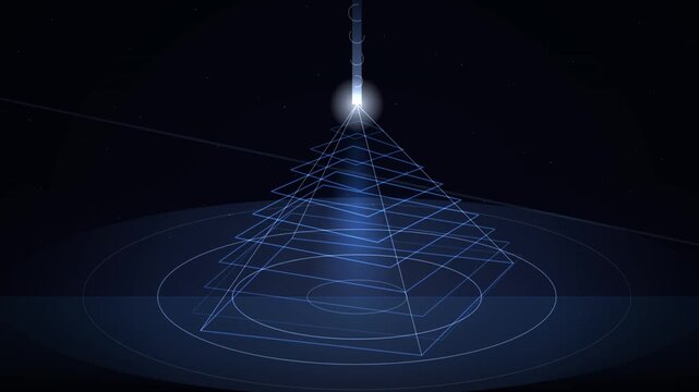Blue wireframe pyramid structure with a laser beam shining from above in a dark space background.