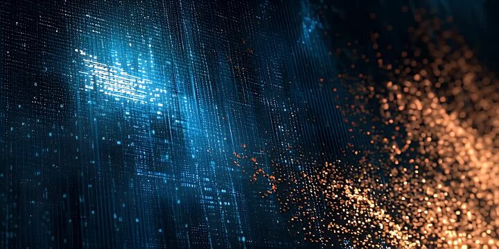 Electric blue light streaks across a dark, grid-like structure with scattered orange sparks