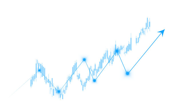 Blue rising financial chart with rough candlesticks, highlighted points and an upward arrow on a transparent background, Rising financial market chart with upward arrow