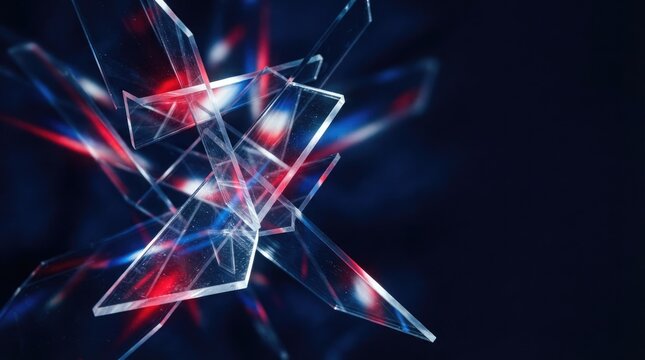 Abstract crystal shards with glowing red and blue light reflections on dark background showing geometric glass structure art.