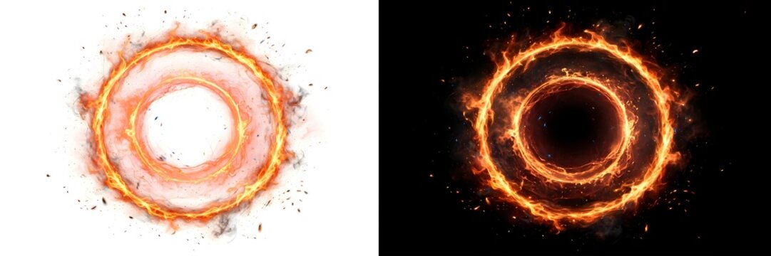 Double fire ring portal with blazing flames and glowing sparks on dual background