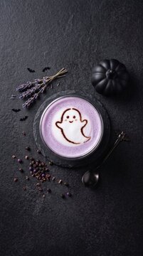 Lavender latte with ghost art, dried lavender sprigs, dark pumpkin, spoon, and scattered botanicals arranged on a textured black surface. Concept of autumn colorful latte art, Halloween coffee drinks