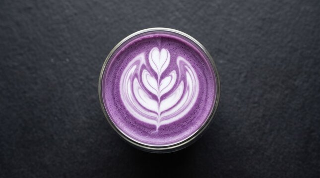 Purple ube latte topped with intricate white floral foam art in a clear round glass, viewed from above on a dark textured surface. Concept of colorful latte art