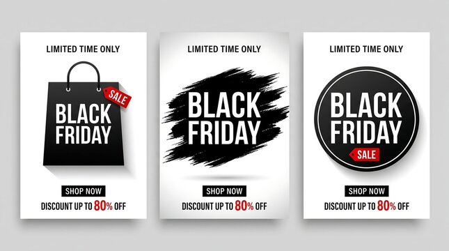 Black Friday sale banners vector set with shopping bag brush stroke and round badge designs