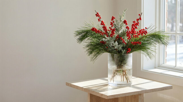 Vase with winterberry branches and pine needles on stone table