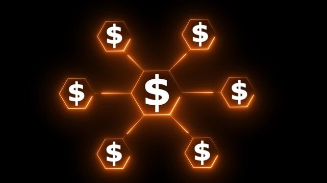 Neon withe Dollar Sign Network Diagram on Black Background with Central Hexagon