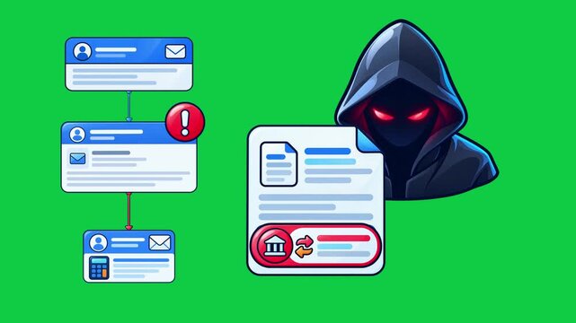 2D Animation of Hacker Intercepting Email Chain and Bank Document on Green Screen