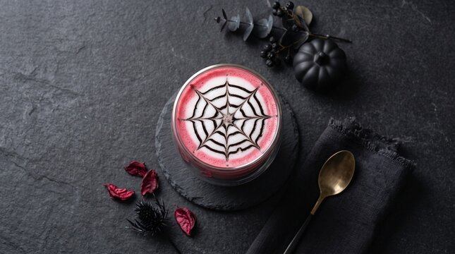 Pink beetroot latte with spiderweb foam art beside dark pumpkin, autumn leaves, eucalyptus sprigs, spoon, and black napkin on slate table. Concept of autumn colorful latte art, Halloween coffee drinks