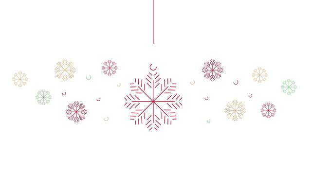 Continuous line art hanging snowflake ornament with festive colorful snow crystals on solid white background, Christmas motion graphic