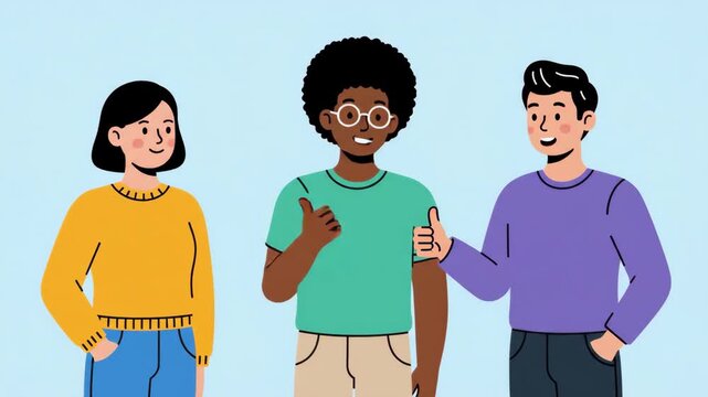 Diverse group of three young people, two men and one woman, standing side by side, engaged in conversation, smiling, communicating, teamwork, diversity and inclusion concept
