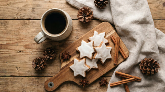 Winter breakfast flat lay with coffee and glazed star cookies