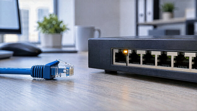 Close-up of a blue Ethernet cable disconnected from a black network switch on a wooden desk. Offline internet connection, cybersecurity and data privacy concept in office environment