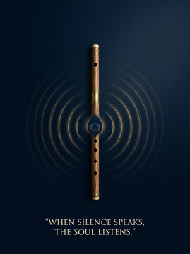 Traditional bansuri flute emitting sound waves against dark