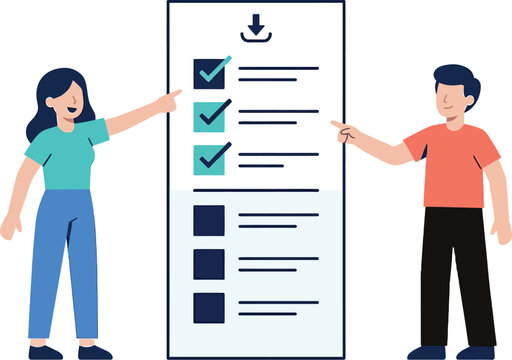 Team collaboration checklist vector illustration colleagues pointing at large todo list with checked and unchecked items