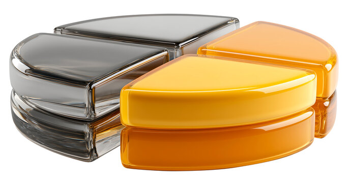 Pie chart with three equal segments in soft layered glass and one vibrant orange segment, showcasing modern and sleek design., isolated