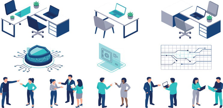 Isometric corporate business office vector icons set showing professionals working and data tech elements