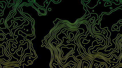 Green Topographic Map Line Abstract Neon Contour Background on Black HD. Glowing Green Neon Topographic Contour Line Overlay Graphic Design. © Fhatoni