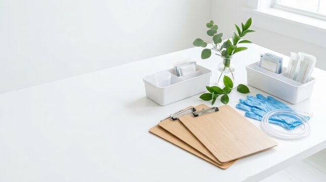 Medical teamwork supplies with blank clipboards and gloves on white desk