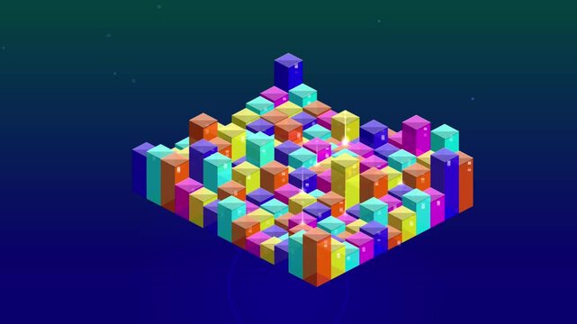 Colorful isometric 3d cubes arranged in a grid pattern against a dark blue gradient background