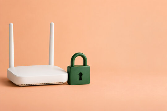 Cyber security and wireless network protection concept. White internet router with a green padlock. Secure Wi-Fi connection and data privacy on orange background