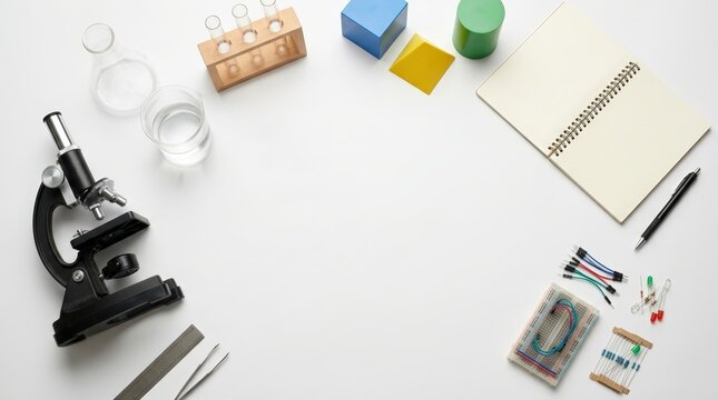 STEM education flat lay with microscope, glassware, and electronics components