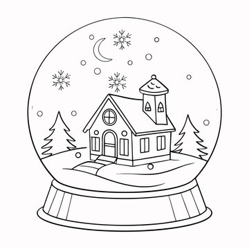 Christmas snow globe with a cozy house, pine trees, snowflakes, and a crescent moon inside, black and white outline coloring page vector illustration for kids