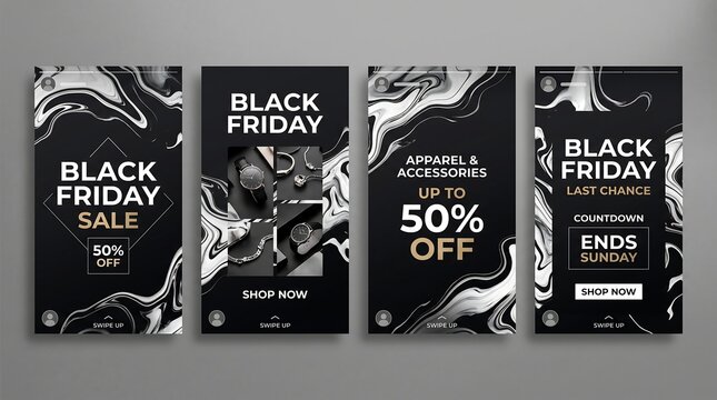 Black friday sale social media stories templates with luxury black and white marble fluid background