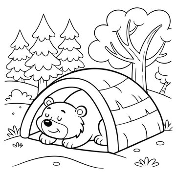 Cute bear sleeping peacefully inside a cave den in a forest surrounded by pine trees, black and white outline coloring page vector illustration for kids.