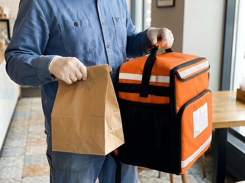 Delivery person handing over food order in insulated bag with brown paper package