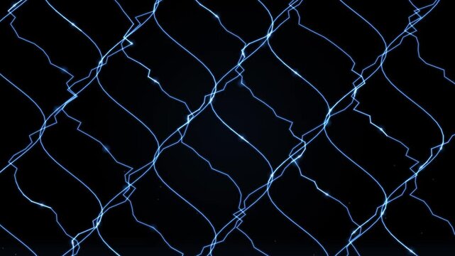 Blue electric arcs form a grid pattern against a dark black background.